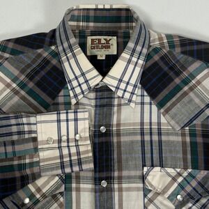 Ely Cattleman Plaid Western Pearl Snap Long Sleeve Shirt Blue Green Mens M